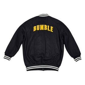 BUMBLE Social Dating App Black LETTERMAN Bomber Varsity Jacket Mens Small Rare